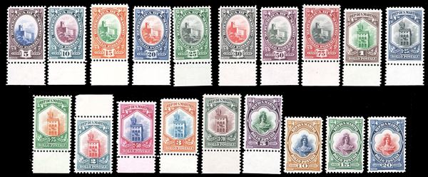 1929/35 - Veduta, Palazzo del Consiglio e busto della Libertà, serie completa (141/158), nuovi, gomma originale integra, perfetti e di ottima qualità. Cert. Ferrario per i due alti valori.