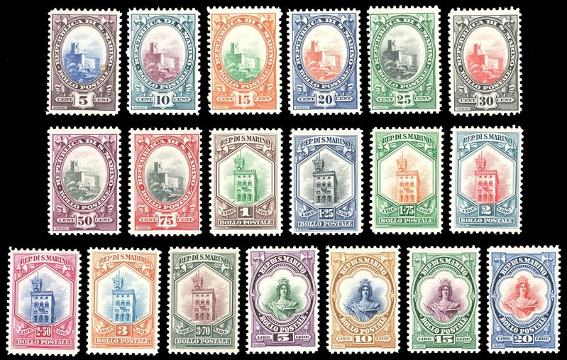 1929/35 - Veduta, Palazzo del Consiglio e Busto della Libertà, serie completa di 19 valori (141/158), nuovi, gomma originale integra, perfetti. Ottima qualità. Il 20 lire cert. Ferrario.  - Asta Filatelia - Cambi Casa d'Aste