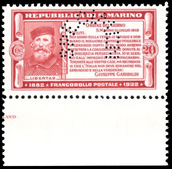 1932 - 20 cent. carminio Garibaldi, perforato "specimen", saggio (P169), bordo di foglio, gomma originale integra, perfetto. Raro, tiratura 200 esemplari. Cert. Ferrario.