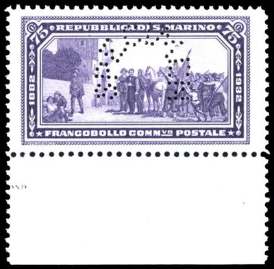 Garibaldi, Francobollo violetto da 75 cent. del 1932, perforato 'specimen', saggio