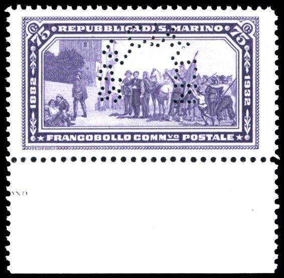 1932 - 75 cent. violetto Garibaldi, perforato "specimen", saggio (P172), bordo di foglio, gomma originale integra, perfetto. Raro, tiratura 200 esemplari. Cert. Ferrario.