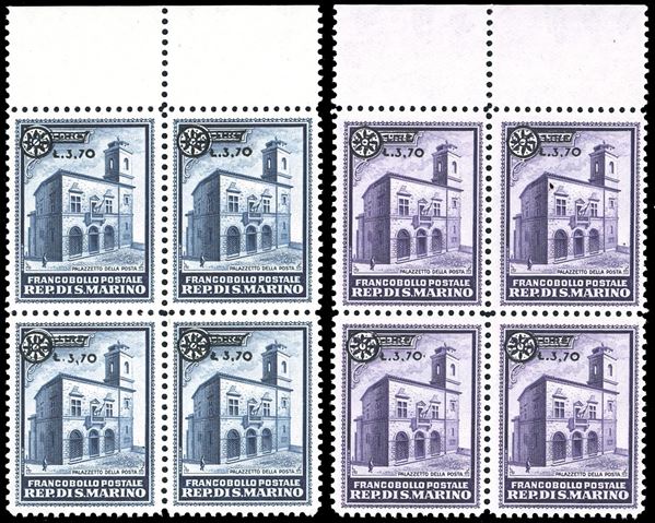 1934 - Palazzetto soprastampati, serie completa (184/185), blocchi di quattro, bordo di foglio, nuovi, gomma originale integra, perfetti e molto freschi. Cert. Ferrario.