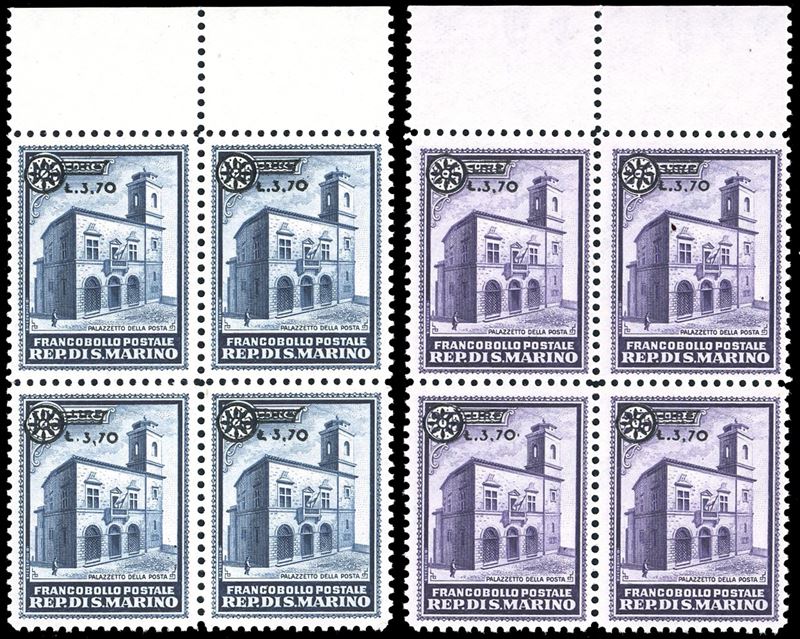 1934 - Palazzetto soprastampati, serie completa (184/185), blocchi di quattro, bordo di foglio, nuovi, gomma originale integra, perfetti e molto freschi. Cert. Ferrario.  - Asta Filatelia - Cambi Casa d'Aste