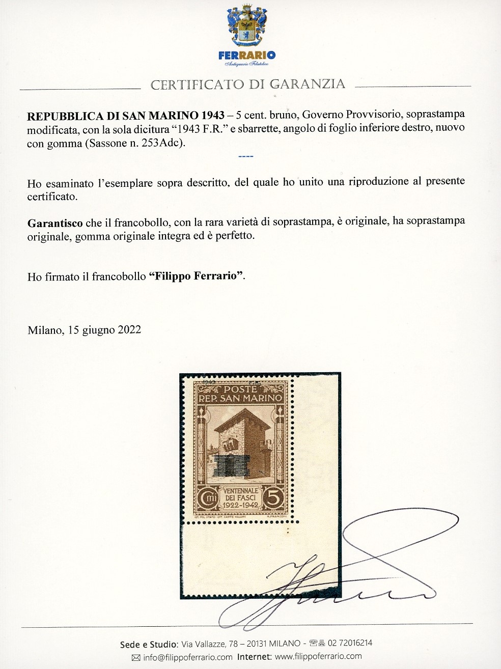 Governo Provvisorio, 1943 - 5 centesimi con soprastampa '1943 F.R.'
