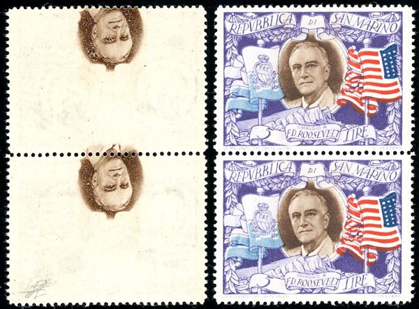 1947 - 5 lire Roosvelt, stampa dell'effigie recto-verso (0303ma), coppia verticale, il primo esemplare appartenente alla prima riga del foglio, gomma originale integra, perfetta. Splendida e rarissima! Cert. Ferrario.