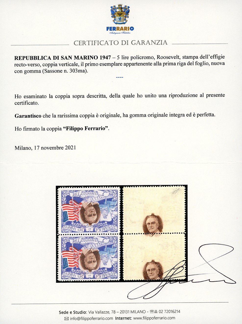 1947, 5 Lire Roosevelt, stampa dell'effigie recto-verso, coppia verticale