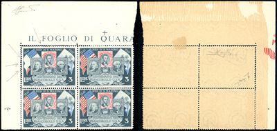 Francobollo, 3 lire Centenario del francobollo degli Stati Uniti, blocco di quattro angolo di fog...