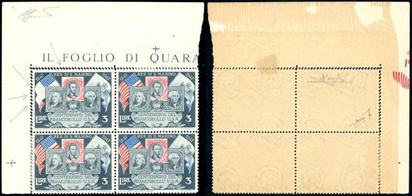 1947 - 3 lire Centenario del francobollo degli Stati Uniti, blocco di quattro angolo di foglio, il primo esemplare senza la stampa del rosso della bandiera degli Stati Uniti, apposta al verso (0331hc), nuovo, gomma originale, perfetto. Tale eccezionale varietà è dovuta al piegamento del foglio all'atto della stampa. UNICO CASO NOTO, una delle più importanti e rare varietà di San Marino. Cert. Avanzo e Ferrario.