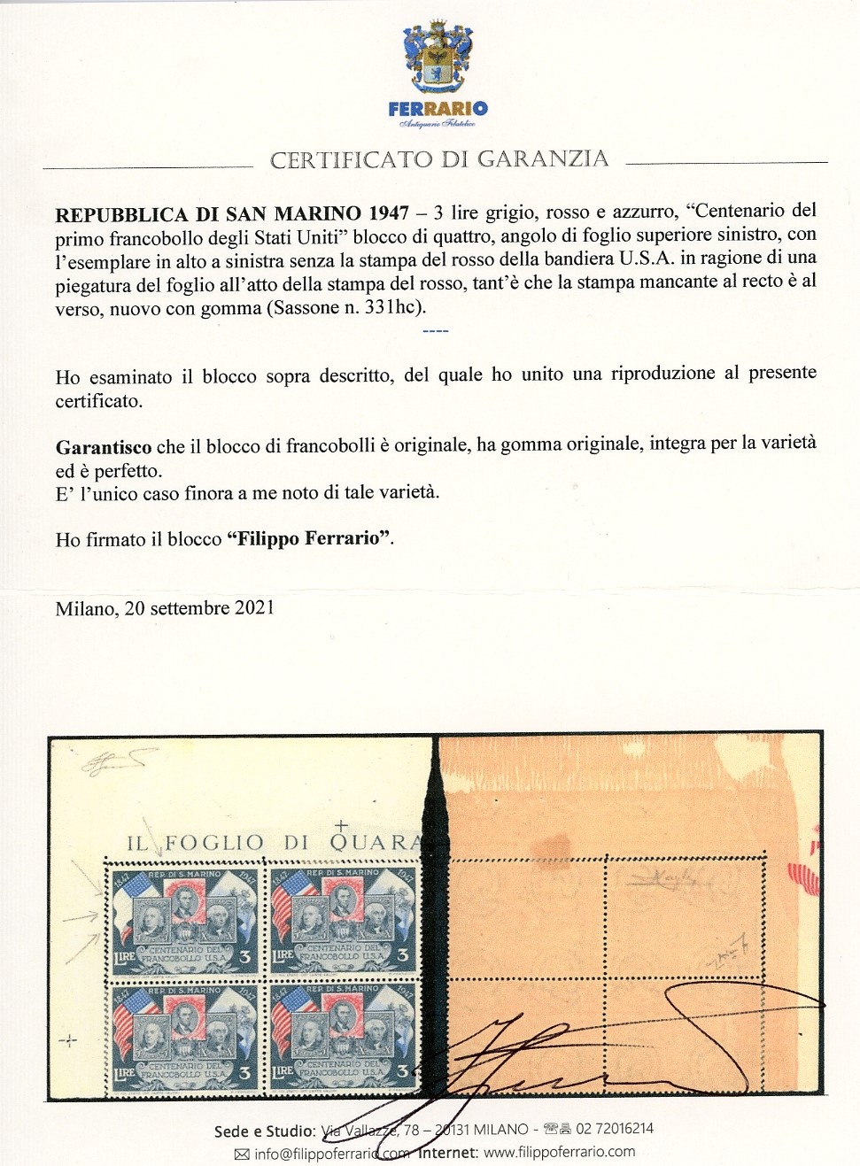 Francobollo, 3 lire Centenario del francobollo degli Stati Uniti, blocco di quattro angolo di fog...