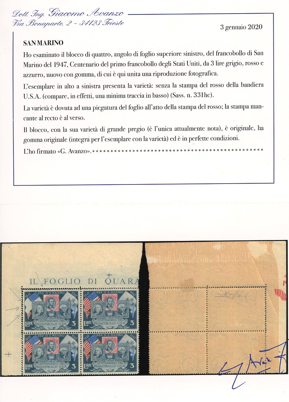 Francobollo, 3 lire Centenario del francobollo degli Stati Uniti, blocco di quattro angolo di fog...