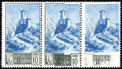 1949, 10 lire Paesaggi (349), striscia orizzontale di tre esemplari
