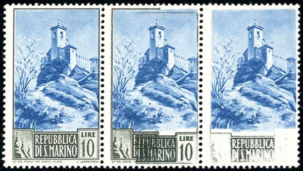 1949 - 10 lire Paesaggi (349), striscia orizzontale di tre, il secondo esemplare con parte della stampa del nero spostata in basso, il terzo con la stampa del nero fortemente evanescente, gomma originale integra, perfetta. Molto rara e non catalogata. E.Diena, cert. Ferrario.