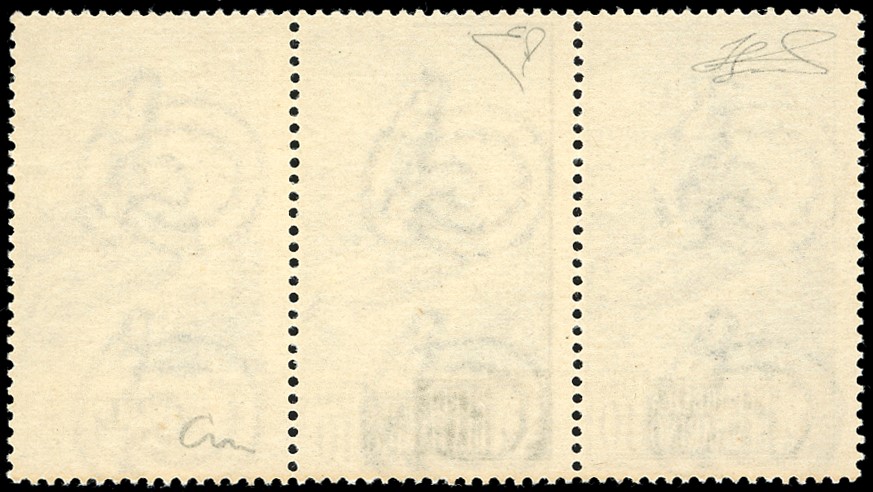 1949, 10 lire Paesaggi (349), striscia orizzontale di tre esemplari