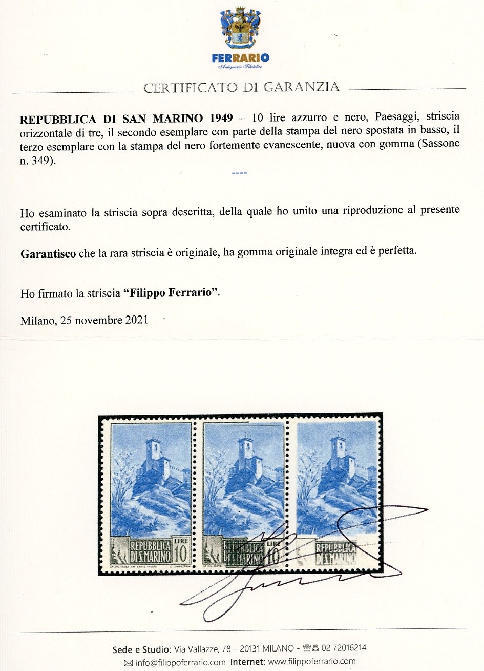 1949, 10 lire Paesaggi (349), striscia orizzontale di tre esemplari