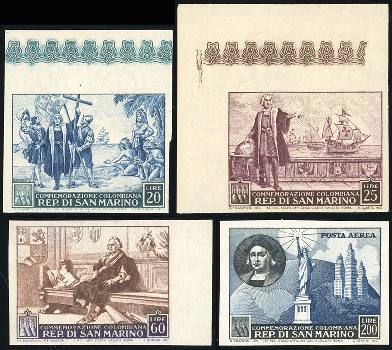 1952 - Colombo, i quattro valori noti non dentellati (379c,380c,381c,A101c), gomma originale, integra per i tre primi valori, perfetti. Tutti firmati da noti periti, il 200 lire cert. Raybaudi.  - Asta Filatelia - Cambi Casa d'Aste