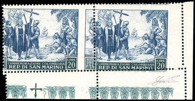 E. Diena, 20 lire Colombo, coppia orizzontale con dentellatura fortemente spostata