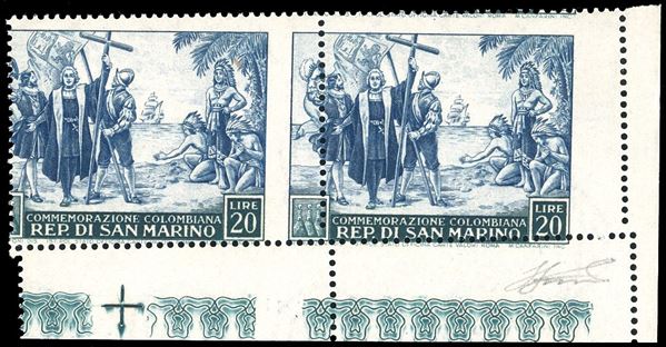 1952 - 20 lire Colombo, dentellatura fortemente spostata nei due sensi e parzialmente obliqua (379gd), coppia orizzontale, angolo di foglio, il secondo esemplare senza una parte del francobollo, nuova, gomma originale integra, perfetta. Rara varietà. E.Diena, Ferrario.