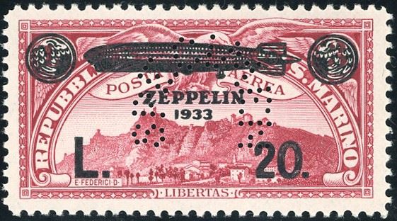 1933 - 20 lire su 3 lire carminio Zeppelin, perforato "SPECIMEN" (P16), gomma originale integra, perfetto, splendido e raro, tiratura 200 esemplari. Cert. E.Diena.  - Asta Filatelia - Cambi Casa d'Aste