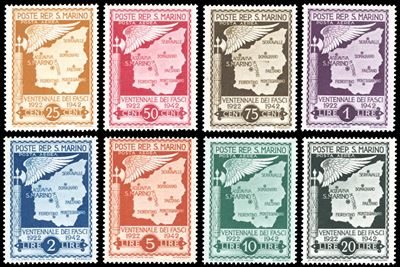Serie completa di francobolli non emessi del Ventennale dei Fasci, 1943 (26/33), gomma originale