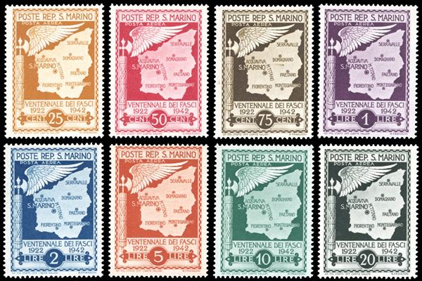 1943 - Ventennale dei Fasci, non emessi, serie completa (26/33), gomma originale , perfetti e molto freschi. Cert. E.Diena e Ferrario.