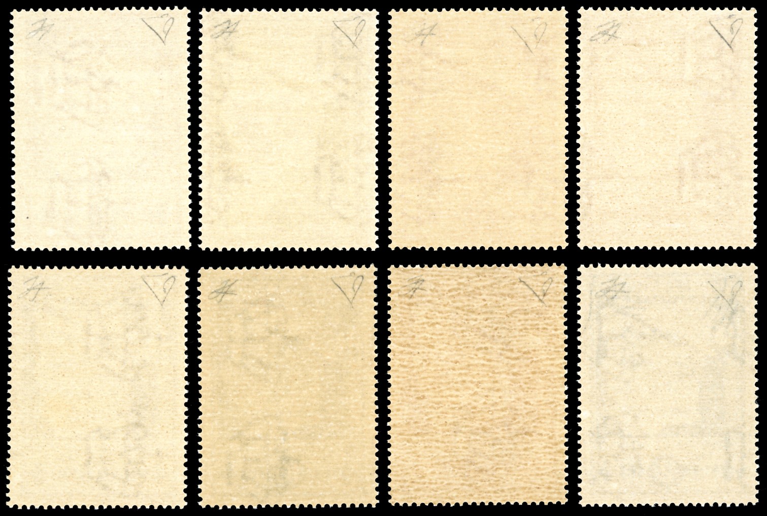 Serie completa di francobolli non emessi del Ventennale dei Fasci, 1943 (26/33), gomma originale