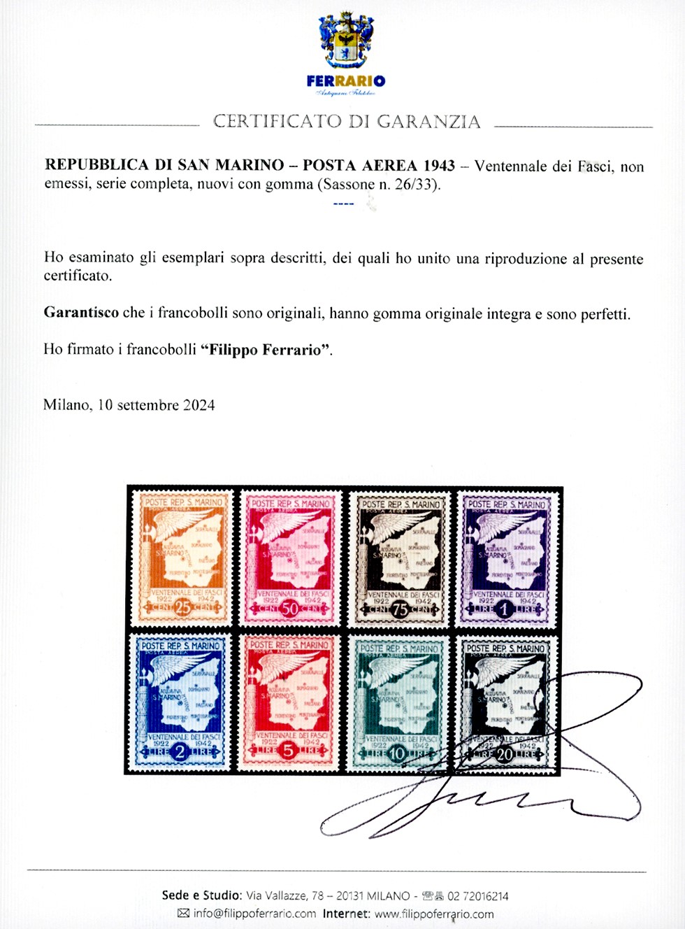 Serie completa di francobolli non emessi del Ventennale dei Fasci, 1943 (26/33), gomma originale