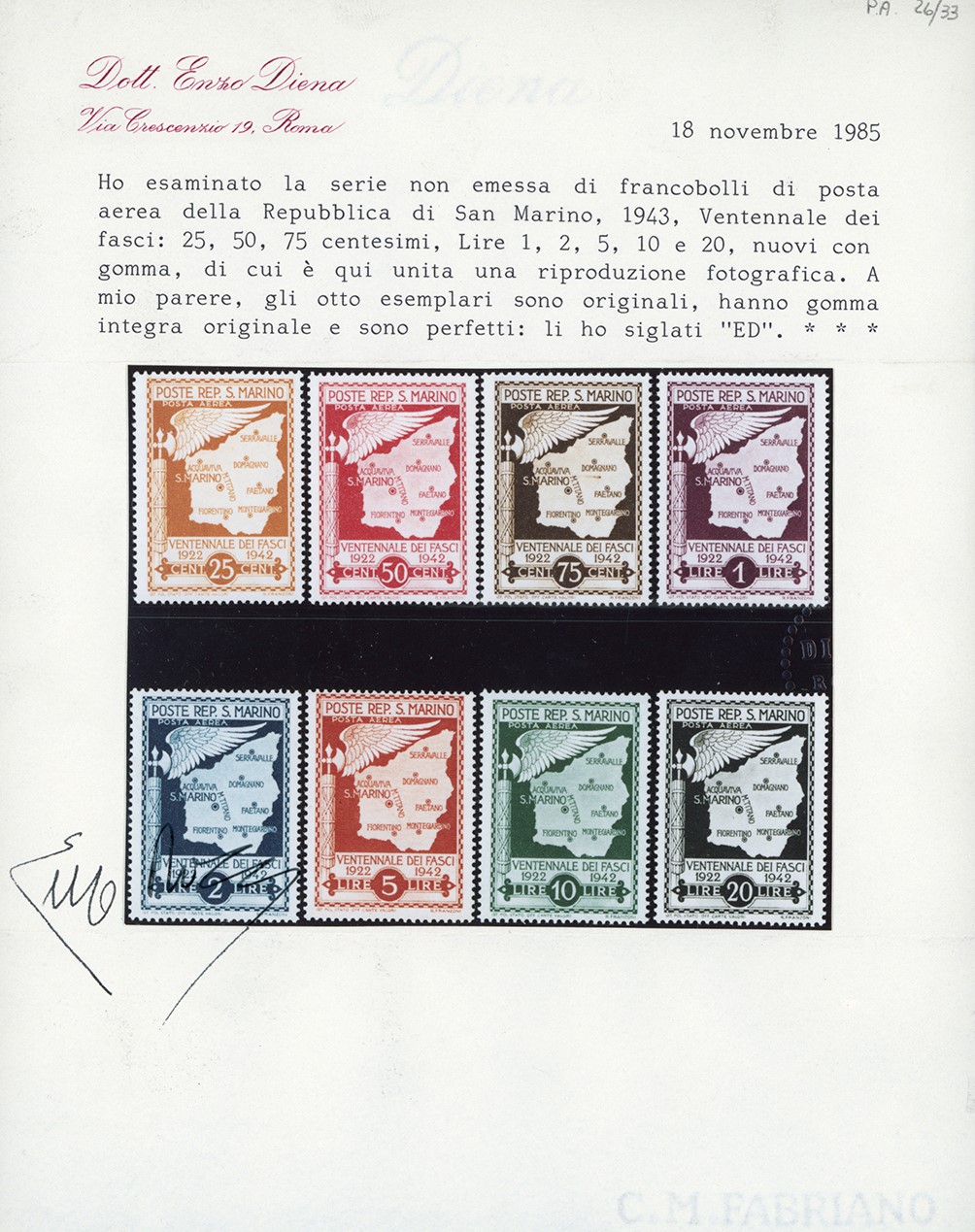 Serie completa di francobolli non emessi del Ventennale dei Fasci, 1943 (26/33), gomma originale