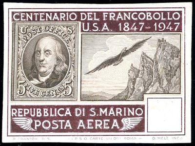 Stati Uniti, Francobollo commemorativo Centenario 100 lire del 1947, prova in colori non adottati