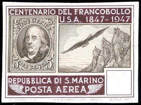 1947 - 100 lire Centenario francobollo Stati Uniti (75), prova in colori non adottati, senza l'indicazione del valore, non dentellata, senza gomma, perfetta. Rarissima. Cert. Oro Raybaudi.