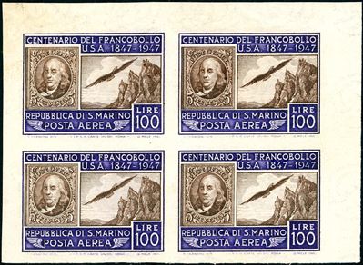 1947, 100 Lire Centenario, francobollo non dentellato Stati Uniti, blocco di quattro, angolo di f...