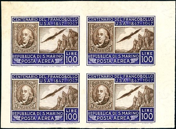 1947 - 100 lire Centenario francobollo Stati Uniti, non dentellato (75b), blocco di quattro, angolo di foglio, gomma integra, leggermente bicolore, perfetto. Molto fresco e raro. Cert. Raybaudi.
