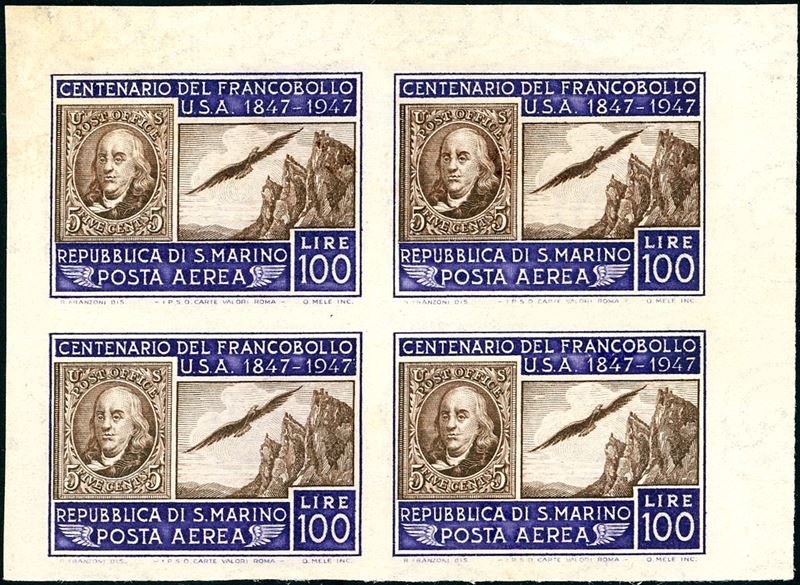 1947 - 100 lire Centenario francobollo Stati Uniti, non dentellato (75b), blocco di quattro, angolo di foglio, gomma integra, leggermente bicolore, perfetto. Molto fresco e raro. Cert. Raybaudi.  - Asta Filatelia - Cambi Casa d'Aste