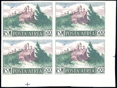 Italiano, Francobollo da 500 lire, Vedute, 1950 - Blocco di quattro, non dentellato (91b)