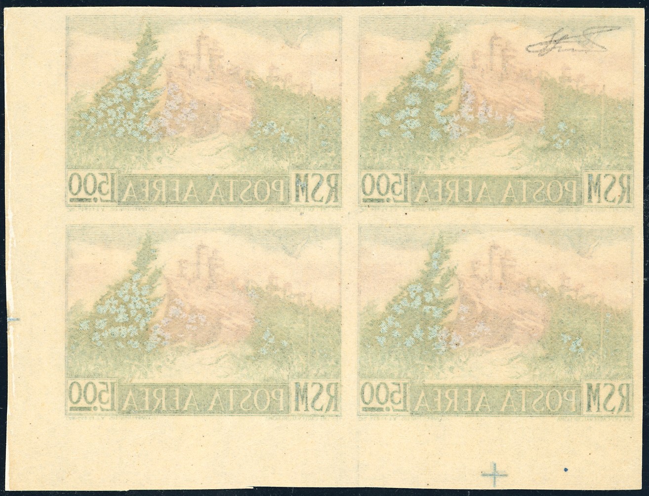 Italiano, Francobollo da 500 lire, Vedute, 1950 - Blocco di quattro, non dentellato (91b)