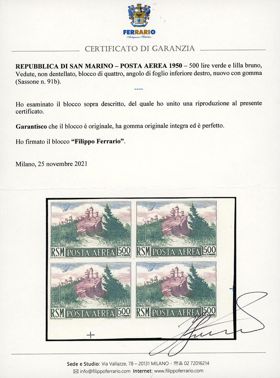 Italiano, Francobollo da 500 lire, Vedute, 1950 - Blocco di quattro, non dentellato (91b)