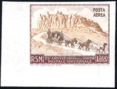 Ferrario, 1951 - 300 lire UPU, francobollo non dentellato (95a), angolo di foglio con gomma origi...