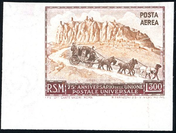 1951 - 300 lire UPU, non dentellato (95a), angolo di foglio, gomma originale integra, perfetto. Bello e raro. Ferrario.