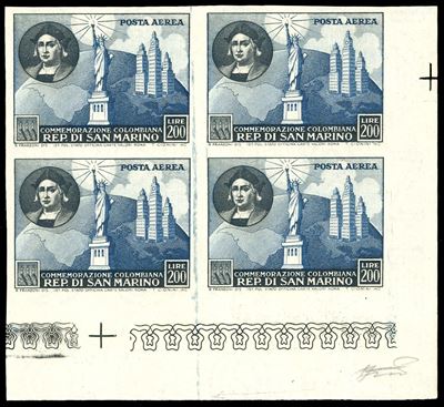 1952, 200 Lire Colombo, non dentellato (101c), blocco di quattro, angolo di foglio