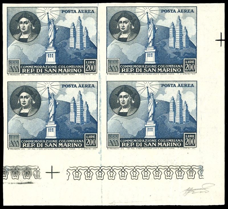 1952 - 200 lire Colombo, non dentellato (101c), blocco di quattro, angolo di foglio, gomma originale integra, perfetto. Ferrario.  - Auction Philately - Cambi Casa d'Aste