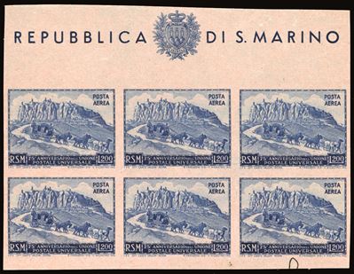 1951, 200 Lire UPU, foglietto, prova su carta rosa non dentellato
