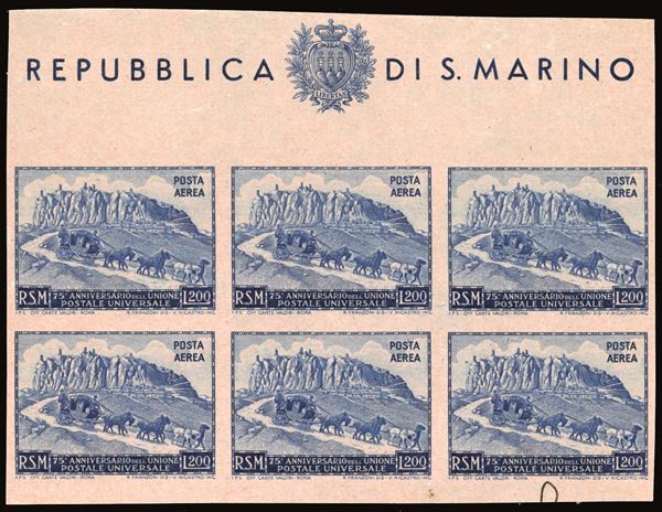 1951 - 200 lire UPU, foglietto (9), prova su carta rosa, senza filigrana, non dentellato, senza gomma, perfetto. Molto raro, PROBABILMENTE UNICO. Cert. Raybaudi.