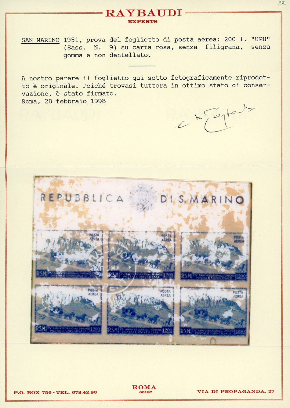 1951, 200 Lire UPU, foglietto, prova su carta rosa non dentellato