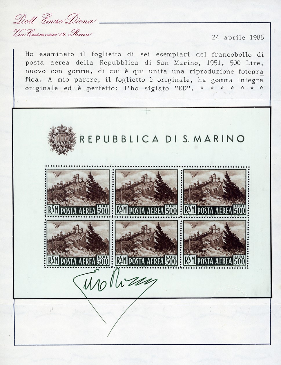 1951, 500 lire Veduta, foglietto (12) con gomma originale integra