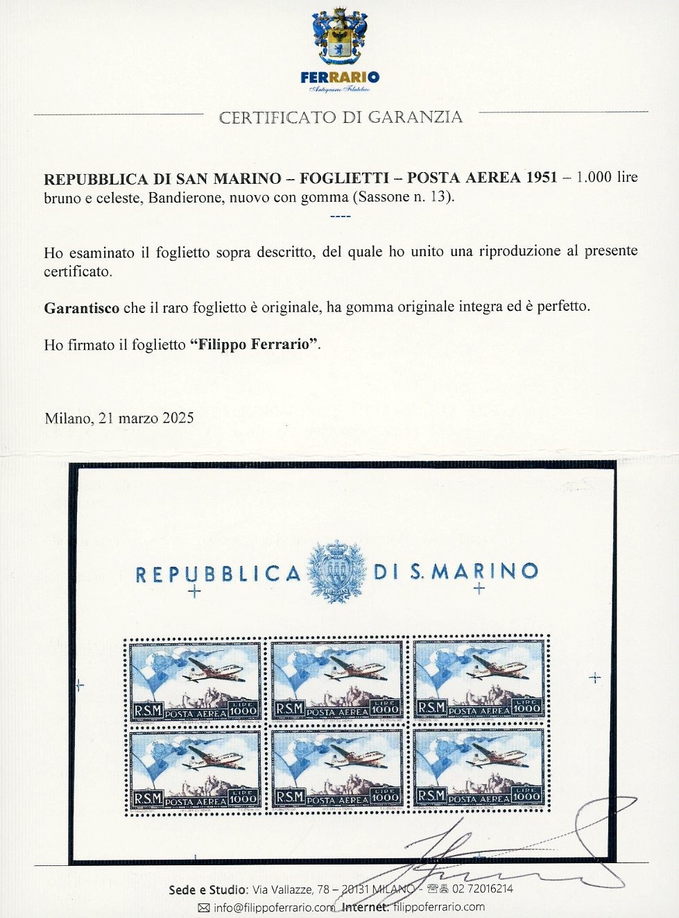 Avi, 1951 - 1.000 lire Bandierone, foglietto (13), gomma originale integra