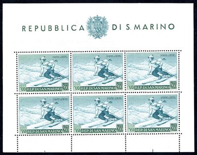 Oliva, 200 lire Sciatrice, foglietto (1953), gomma originale integra