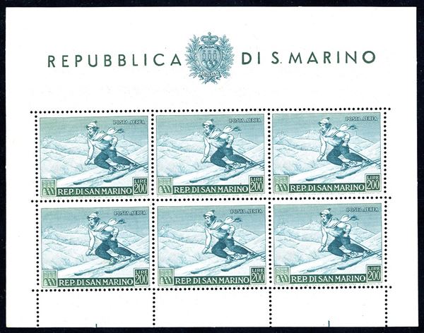 1953 - 200 lire Sciatrice, foglietto (15), nuovo, gomma originale integra, perfetto. Molto bello. Oliva, R.Diena, cert. Ferrario.
