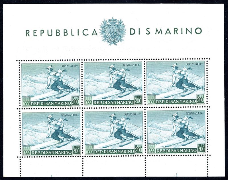 1953 - 200 lire Sciatrice, foglietto (15), nuovo, gomma originale integra, perfetto. Molto bello. Oliva, R.Diena, cert. Ferrario.  - Asta Filatelia - Cambi Casa d'Aste