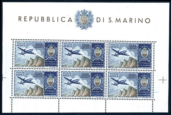 1954 - 1.000 lire Aereo, foglietto (16), gomma originale integra, perfetto. Cert. Ferrario.