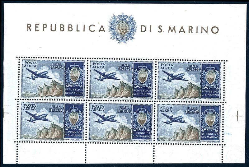 1954 - 1.000 lire Aereo, foglietto (16), gomma originale integra, perfetto. Cert. Ferrario.  - Asta Filatelia - Cambi Casa d'Aste