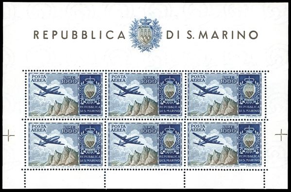 1954 - 1.000 lire Aereo, foglietto (16), nuovo, gomma originale integra, perfetto. Cert. Ferrario.